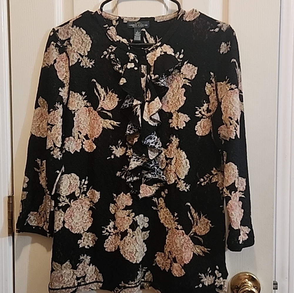 LRL Ralph Lauren Top Women Large Button Up Floral Lace Ruffle